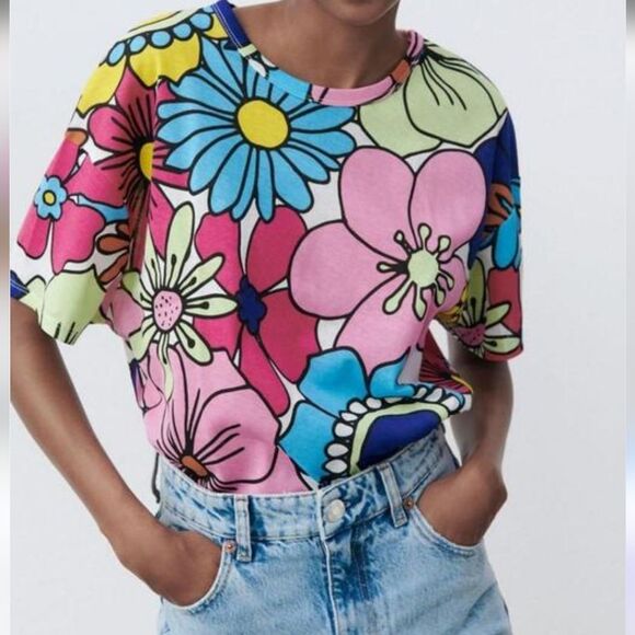 Zara floral cotton t shirt size m - Picture 1 of 4
